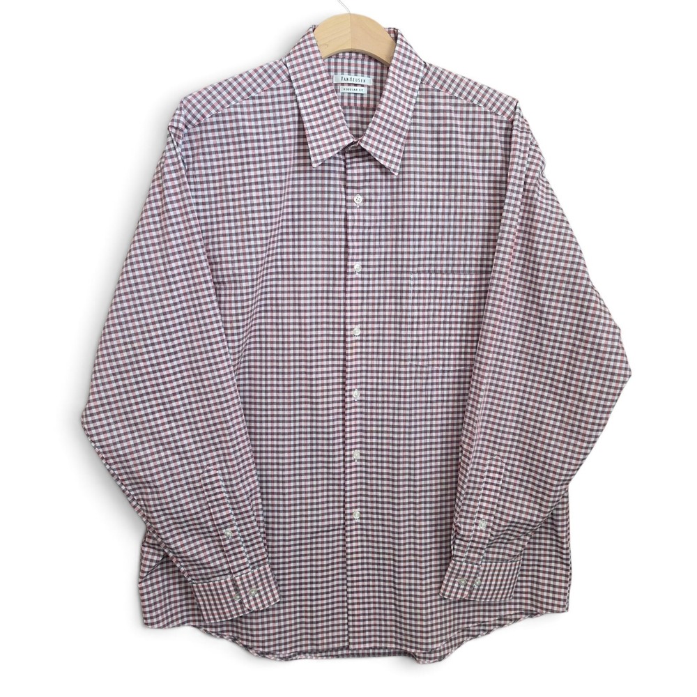 Van Heusen Mens 17 34/35 Dress Shirt Regular Fit Red Gray Gingham Check Button
